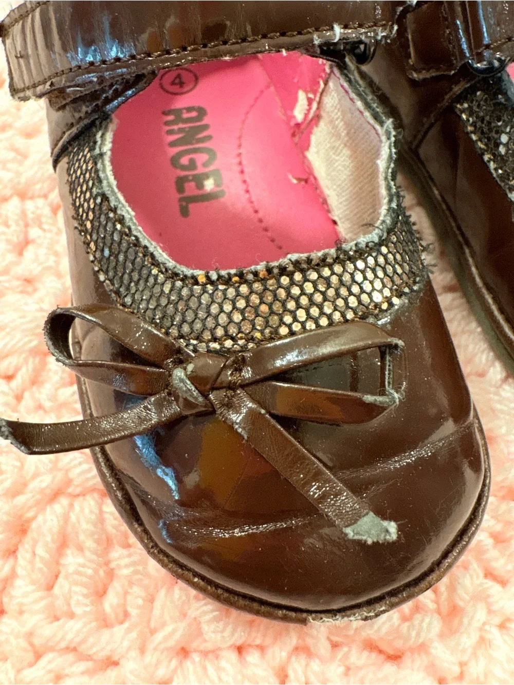 Angel Girls Patent Mary Jane Dress Shoes in Dark Brown with Pink Lining